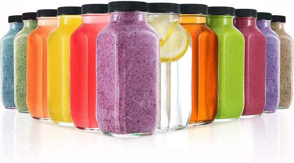 DilaBee 12-Pack Glass Juice Bottles with Lids, 8oz Glass Bottles with Lids