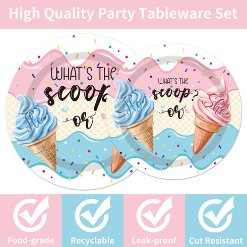 96PCS Set 24 Whats The Scoop Plates and Napkins Party Supplies Whats The Scoop Gender Reveal Decorations Ice Cream