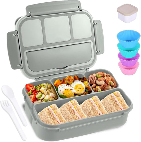 Bento Box Adult Lunch Box, 4 Compartments Lunchable Food Container with Utensils, Sauce Jar, Muffin Liners, Gray.