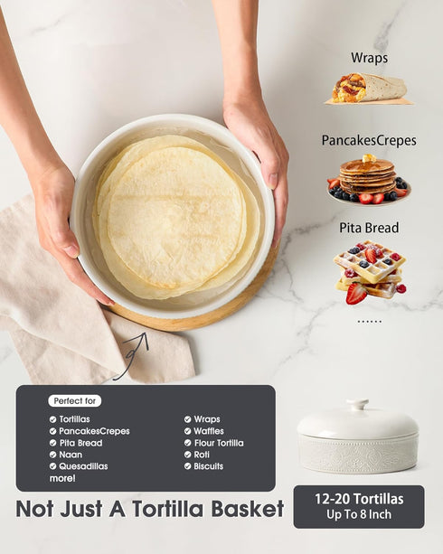 8.8 Inch FE Ceramic Tortilla Warmer,Lace Emboss Tortilla Holder with Lid for Taco Tuesday, Mexican Night and Party,Taco