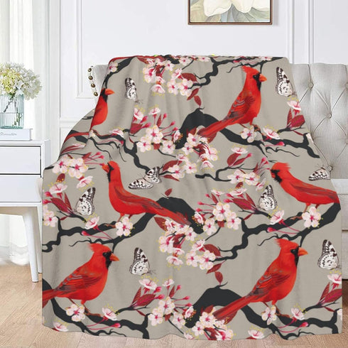 Red Cute Birds Cherry Flowers Soft Throw Blanket - 40x50 inch Lightweight Warm Flannel Fleece for Couch Bed