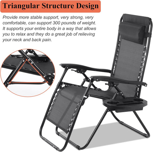 Zero Gravity Chair Folding Lounge Chair Lawn Chair Adjustable Camping Reclining Chair with Pillow and Cup Holder Trays