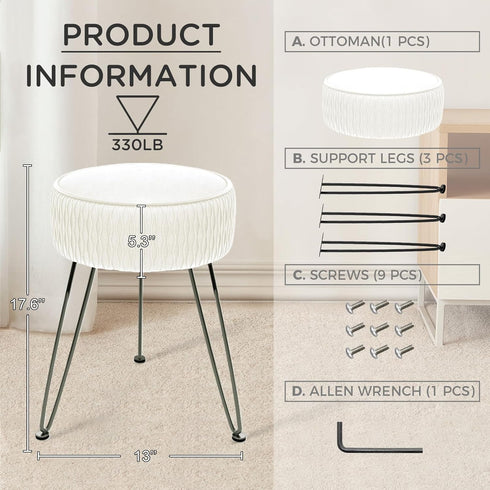 Velvet Vanity Stool Footrests, Round Ottoman Vanity Chairs with Anti-Slip Feet, Dressing Table Seat Foot Stool
