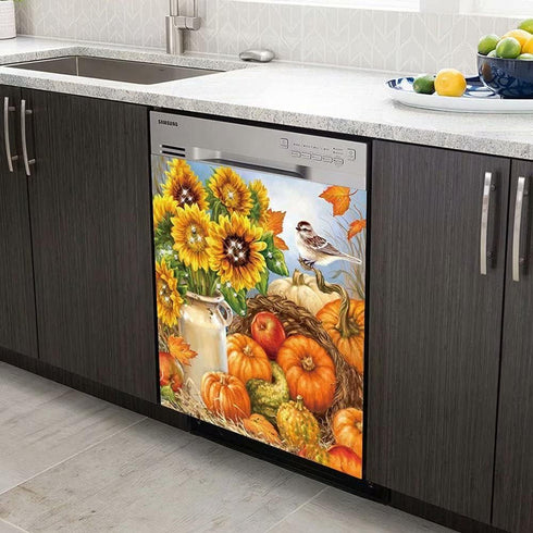 Fall Bountiful Harvest Magnetic Dishwasher Cover Decal, Pumpkins Sunflowers Design, 23" x 26"
