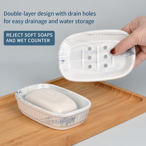 Ceramic Soap Dish, Self-Draining Soap Holder, Double Layer Marble Blue, Easy to Clean
