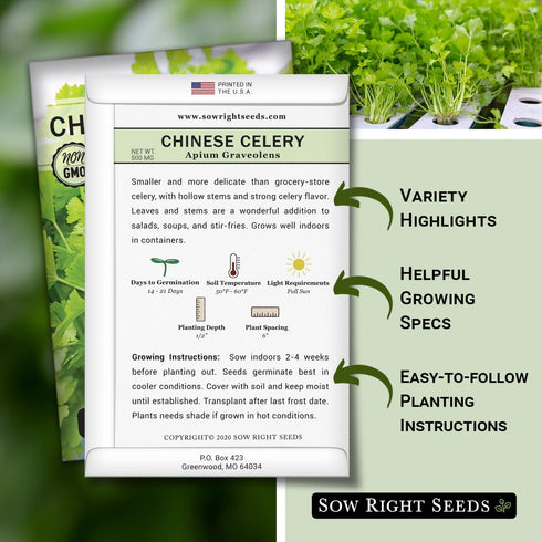 Packet (1) Sow Right Seeds - Chinese Celery Seeds for Planting - Non-GMO Heirloom with Instructions to Plant and Grow a