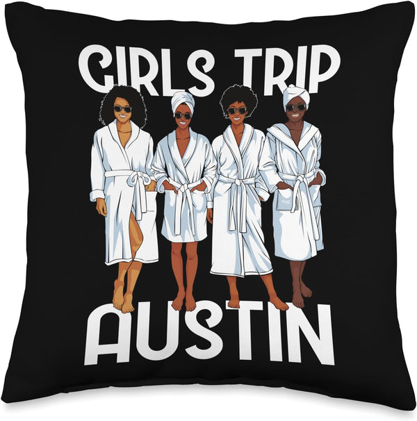 Girls Trip 2024 Austin Spa Relax Throw Pillow for Black Melanin Women, 16x16, Multicolor
