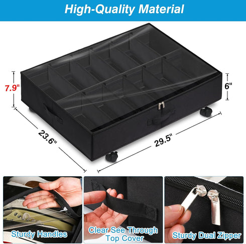 Under Bed Shoe Storage Organizer with Wheels (Black) - Dustproof Storage with 10 Adjustable Dividers, 7.9 in Tall