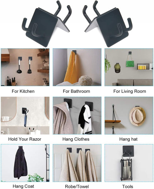 Adhesive Hooks | Bathroom Wall Towel Hooks, Black Stick Shower Razor Holder, Stainless Steel Organizer