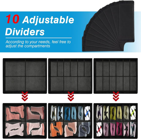 Under Bed Shoe Storage Organizer with Wheels (Black) - Dustproof Storage with 10 Adjustable Dividers, 7.9 in Tall