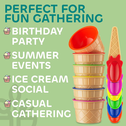 Set (Pack 12) Frozen JoyServe Ice Cream Bowls and Spoons - of Reusable Plastic Ice Cream Cups and Waffle Cone Shaped