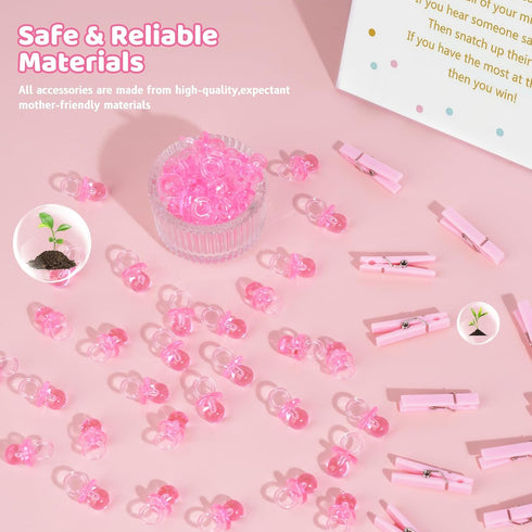 Don't Say Baby Shower Clothespin Game for Girl, Includes 8x11 Standing Sign, 60 Mini Pink Clothes Pins and Pacifiers