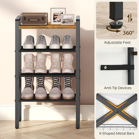 4-Tier 4-8 SS64BR YATINEY Narrow Shoe Rack, Tall Shoe Rack for Pairs, Slim Shoe Storage Organizer with Wooden Top