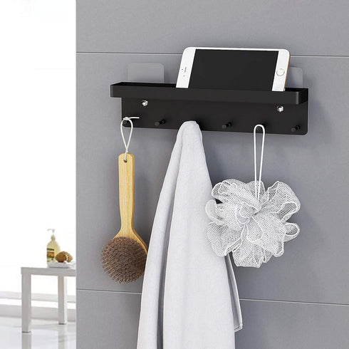 MKO Key Holder Wall Mount, Adhesive Key Holder with Mail Organizer Tray and 6 Hooks for Wall, Black