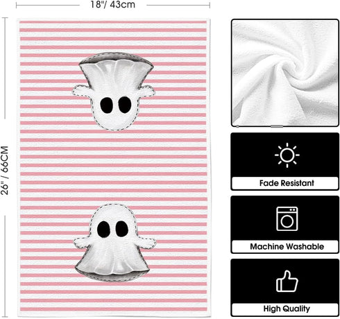 Artoid Mode Pink Stripes Ghost Boo Spooky Halloween Kitchen Towels, 18x26 Inch Dish Towels Set of 4 with Bow Knot
