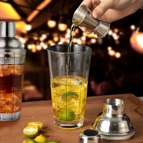 Ailelan Glass Cocktail Shaker with Strainer, 14oz Clear Drink Shaker Bottle with 6 Recipes, Measurements, Bartender Kit