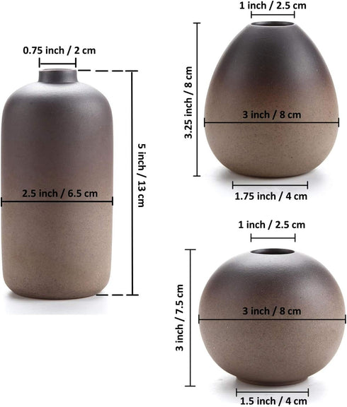 ComSaf Small Ceramic Flower Bud Vases Set of 3, Modern Design, Metallic Gradually Varied Brown Color