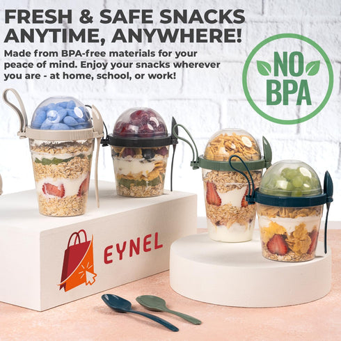 4 Pack 20 oz (4 Set 20 oz) On The Go Cereal Yogurt Cups with Lids and Spoon, Reusable Parfait Plastic Milk Breakfast