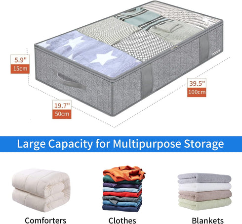 Onlyeasy Large Underbed Storage Bags Organizer Container (2 Pack) with 4 Handles and Clear Window, Herringbone Grey