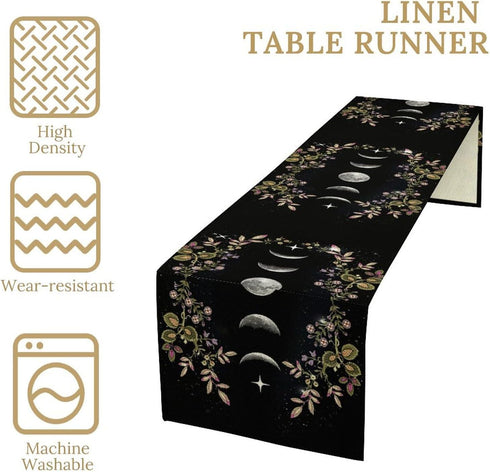 BenYaSong 13x60Inch Boho Floral Moon Table Runner, Cotton Linen Non-Slip Dining Table Runners Black Flower Wildflower