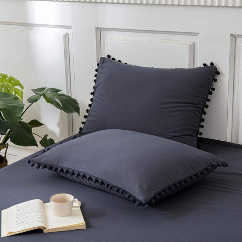 Navy Blue Pom Poms Pillowcases - Dark Blue Standard Queen 20x30 Inches Set of 2, 100% Washed Microfiber