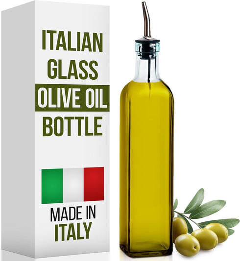 EHOMEA2Z Italian Glass Olive Oil Dispenser Bottle, 16 Oz, Stainless Steel Spout, Slight Green Tint