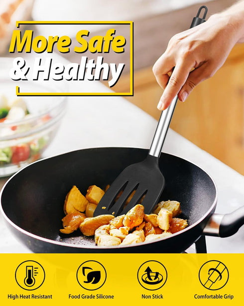 Pack of 2 Silicone Solid Turner, Non Stick Slotted Kitchen Spatulas, High Heat Resistant Cooking Utensils (Black+White)