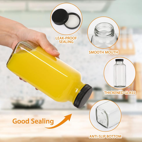 12 oz 6Pack, 360ml AuroTrends Glass Bottles with Lids Glass Bottles for Juicing, Water, Kombucha - Portable Juicing