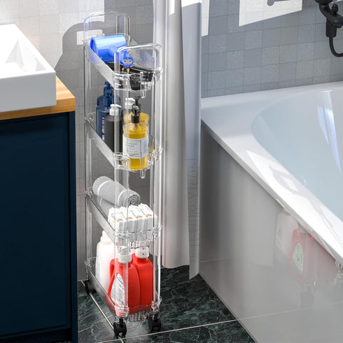 Yieach 3 Tier Rolling Cart with Wheels, Clear Narrow Bathroom Storage Cart for Small Spaces