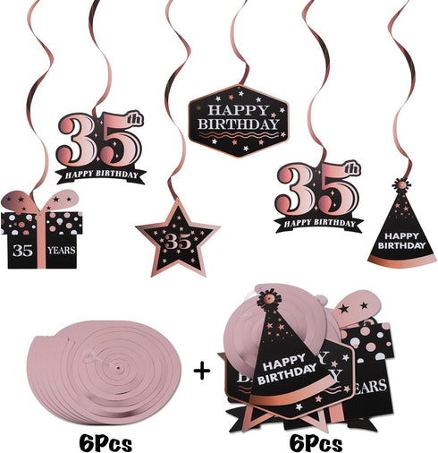 LINGTEER Happy 35th Birthday Decorations, 12 Pcs Black & Rose Gold Foil Swirls Streamer Set for 35 Years Old
