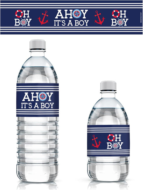 Ahoy Its a Boy Baby Shower Water Bottle Labels - Nautical Waterproof Stickers, 24 Count Party Favor Decorations