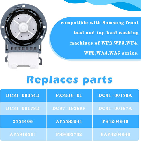 New Washer Drain Pump DC31-00054D for Samsung Washing Machine Models WA4, WA5, WF2, WF3, WF4, WF5