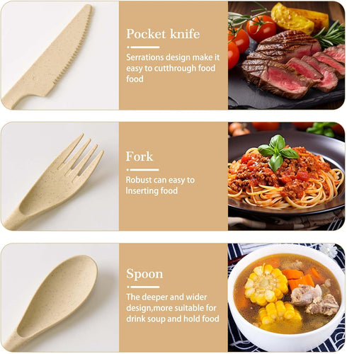 4 Pack Travel Utensil Set with Case, Wheat Straw Reusable Tableware for Camping
