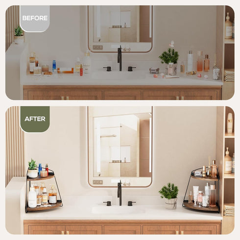 Puricon 2 Tier Corner Bathroom Counter Organizer, Wood Vanity Shelf for Skincare Storage, Brown Bathroom Organizers