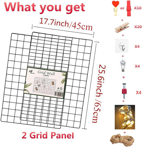 GBYAN 2 Pack Wire Wall Grid Panels with Lights and Clips, Large Photo Board for Home, Office Room Decoration