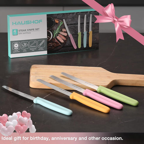 HAUSHOF Steak Knives Set of 4, Premium Stainless Steel Serrated Knife Set with Gift Box, Assorted Color
