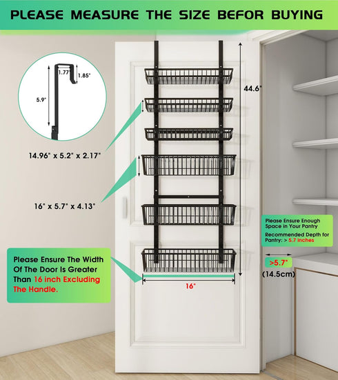 Over The Door Pantry Organizer, 6-Tier Deep Baskets Hanging Metal Rack for Home & Kitchen, Black
