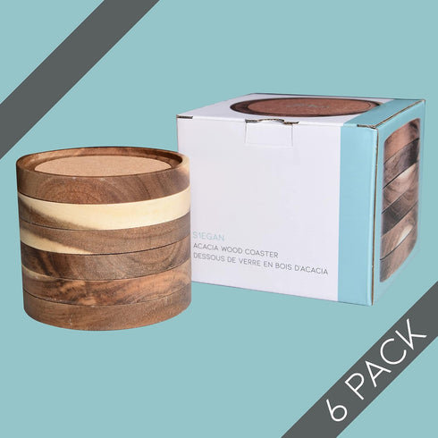 4.13 Inch, Set 6, S1EGAN Acacia Wood Coasters for Drinks, of Absorbent and Insulation Cork Stackable Cup Holders