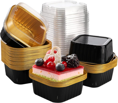ZEAYEA 100 Pieces Aluminum Foil Baking Cups with Lids, 5.7 oz Disposable Cupcake Containers for Parties