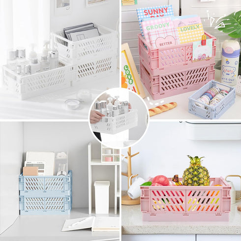 Plastic Storage Baskets for Desk Organizing, 2 Medium + 2 Small Durable Folding Crates for Home and Office