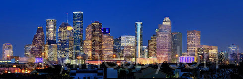 PHOTOSBYJON Houston Skyline Photo Print UNFRAMED - Night Color City Downtown 11.75 x 36 inches Texas Panorama