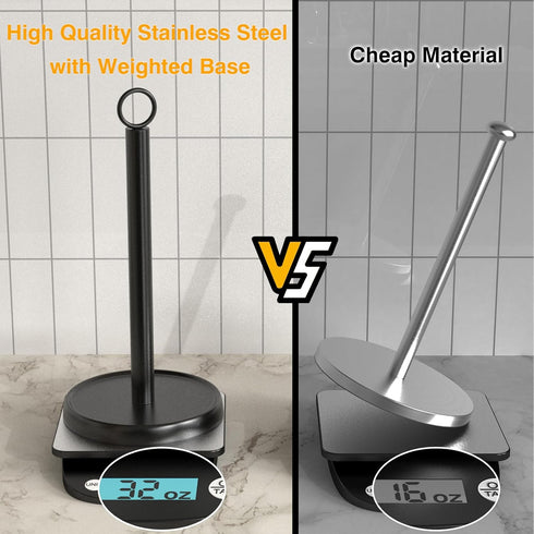 Black Paper Towel Holder for Standard & Jumbo Rolls, Stainless Steel Countertop Stand with Anti-Slip Weighted Base
