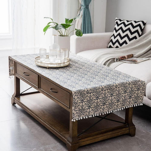 Flower,23.663 Inch) Coffee Table Cloth Rustic Style Living Room Center End Table Cover with Pocket, Cotton Linen