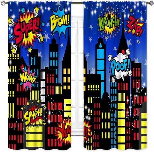 Superhero City Curtains, Comic Night Starry Skyline Cityscape Blackout Window Curtains for Boys Kids Room, 2 Panel Sets