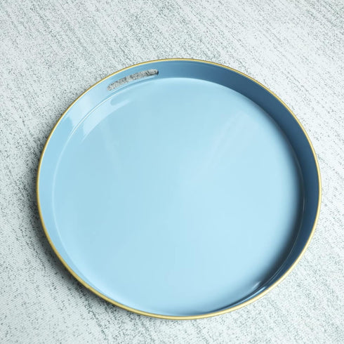 13" Spsyrine Round Blue Decorative Tray, Plastic Serving Table Tray with Handles for Breakfast, Ottoman, Coffee Table