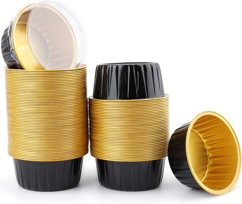 DEAYOU 100 Pieces Baking Cups with Lids, 3" Cupcake Tin Pan Holder for Pudding, Souffle, Party, Wedding - Black Gold