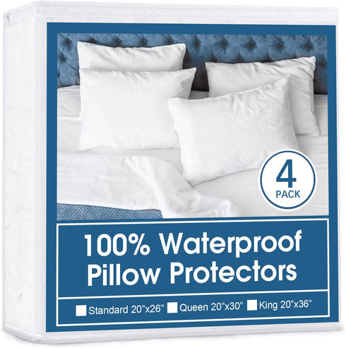 4 Pack Pillow Protector with Zipper, Breathable & Noiseless 100% Waterproof Pillow Cases, Standard Size 20'' 26'' White