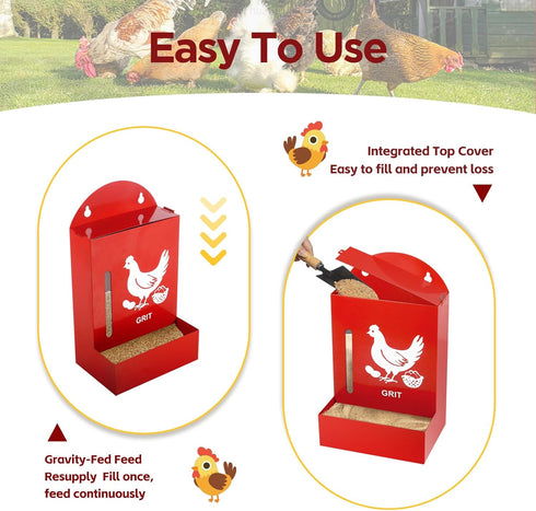 2 Pack Chicken Grit and Oyster Shell Feeder, Metal Oyster Shell Feeder with Visual Window and Lid, Hanging Gravity