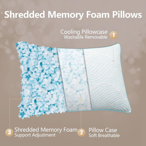 Pillows Queen Size Set of 2 – Cooling Memory Foam Pillows for Sleeping, Adjustable Firm for Back and Side Sleepers