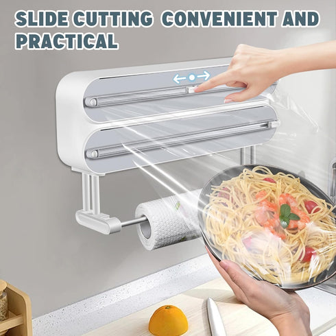 AUSTUFF 3 1 in Plastic Wrap Dispenser with CutterMagnetic Aluminum Foil and Adhesive Film Organizer, Wall Mount Kitchen